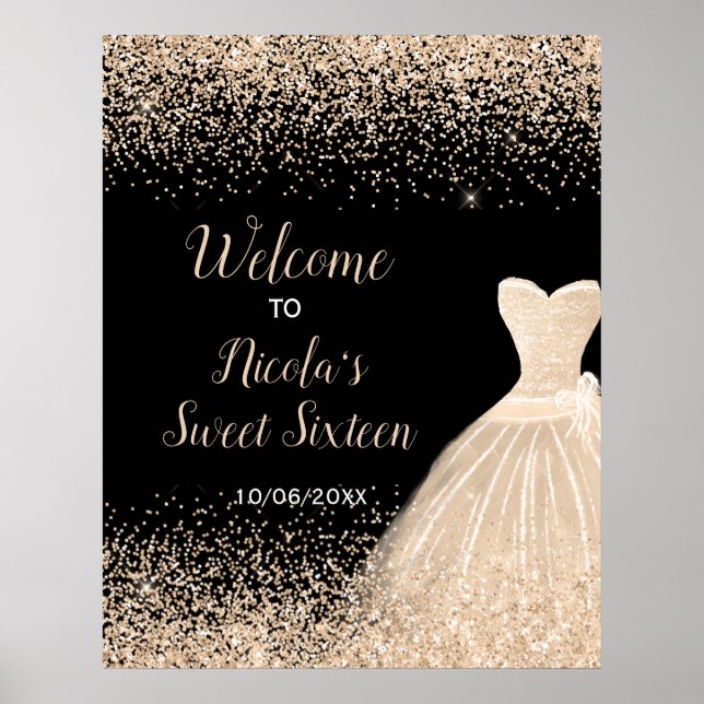 Poster Robe Champagne Faux Parties scintillant Sweet 16 B (Devant)