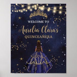 Poster Robe chic nuit étoilée bleu marine or Quinceañera
