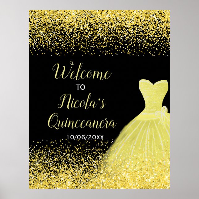 Poster Robe Jaune Faux Parties scintillant Quinceanera Bi (Devant)