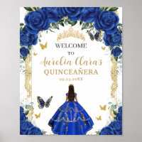 Robe Royal Blue Floral Quinceañera Vintage Gold