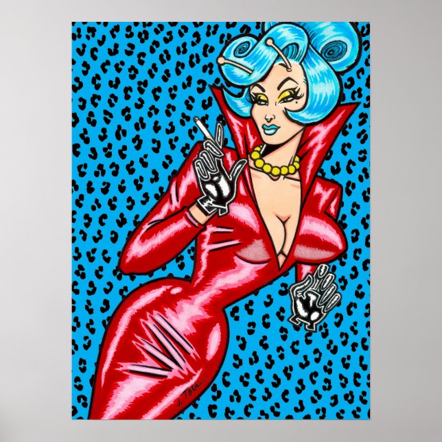 Poster Robe Vana DeVinyl™/Vinyle Rouge/Léopard Bleu (Devant)