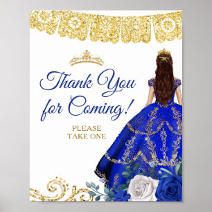 Poster Robes bleues royales Fleurs Quinceañera Merci 