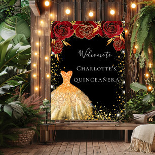 Poster Robes noires et or pour Quinceanera, fleurs rouges