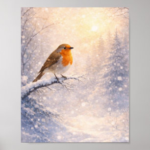 Poster Robin Bird Matin d'Hiver Peinture Aquarelle Murale