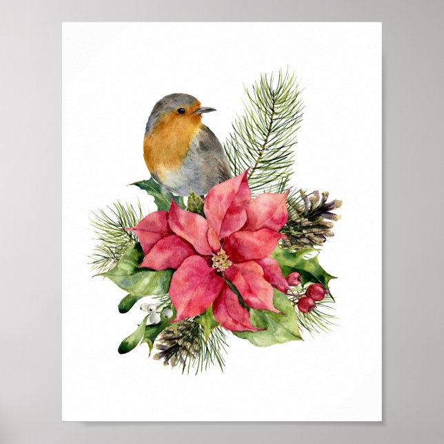 Poster Robin rouge, Poinsettia, pin, Noël saint (Devant)