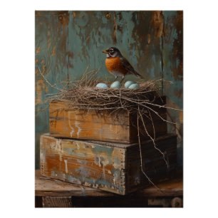 Poster Robin rustique et découpage de nid
