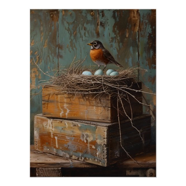 Poster Robin rustique et découpage de nid (Devant)