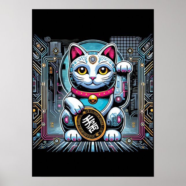 Poster Robot Cyberpunk Maneki Neko Chat Lucky, Argent (Devant)