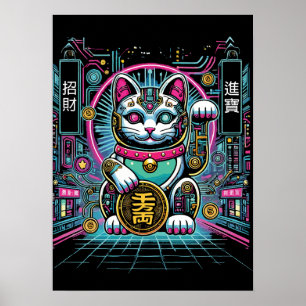 Poster Robot Cyberpunk Maneki Neko Chat Lucky, Argent
