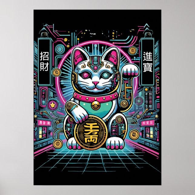 Poster Robot Cyberpunk Maneki Neko Chat Lucky, Argent (Devant)