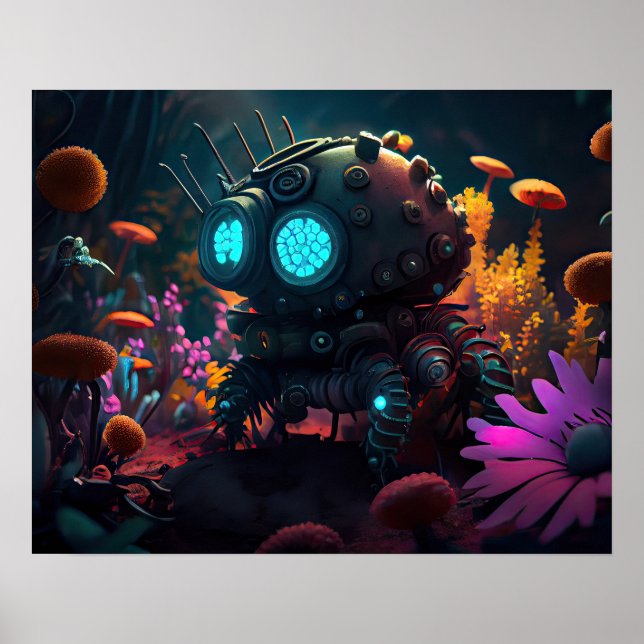 Poster Robot Futuriste Entouré De Fleurs (Devant)