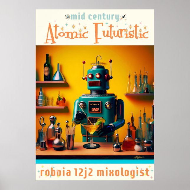 Poster Robot futuriste rétro ROBIA 12J2 Mixologue (Devant)
