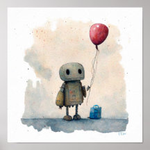"Robot solitaire avec ballon" - Peinture aquarelle