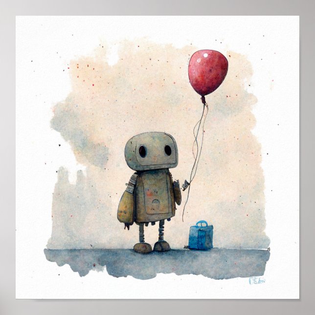 Poster "Robot solitaire avec ballon" - Peinture aquarelle (Devant)