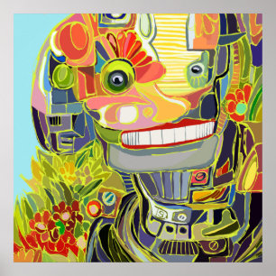 Poster Robot souriant heureux en selfie avec la nature, u