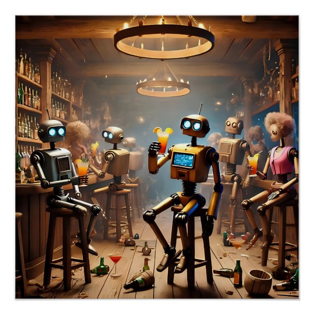 Poster robots having fun in a bar (Devant)