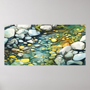 Poster Roches fluviales peinture abstraite aquarelle
