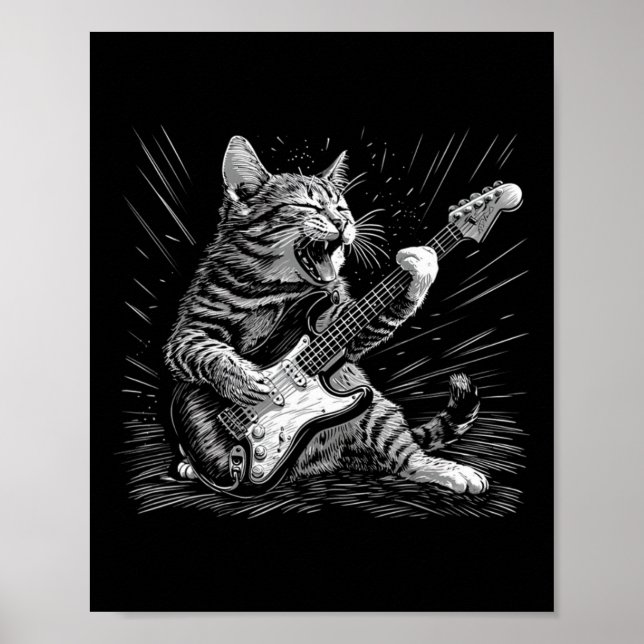 Poster Rock &amp; Roll Chat Jouer Guitare Funny Chats Gui (Devant)