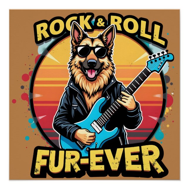 Poster Rock and Roll German Shepherd'Art Retro Sunset (Devant)
