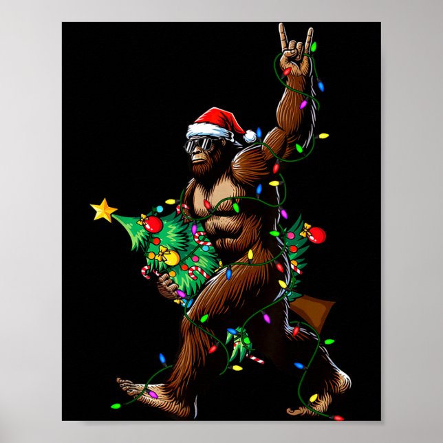 Poster Rock On Santa Bigfoot Christmas Tree Xmas Lights S (Devant)