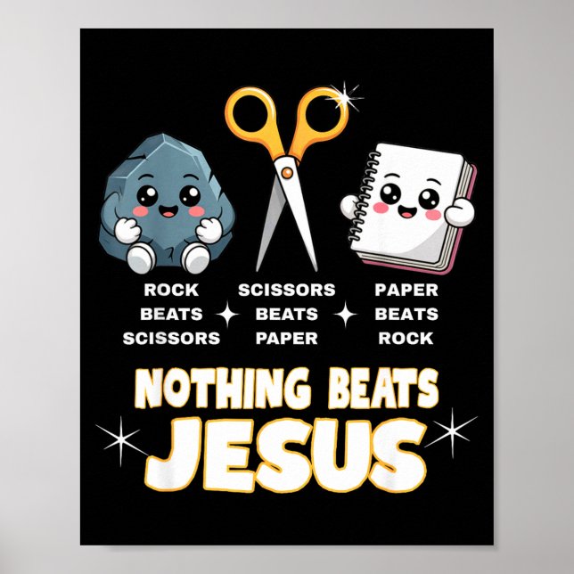 Poster Rock Paper Scissors But Nothing Beats Jesus Funny  (Devant)