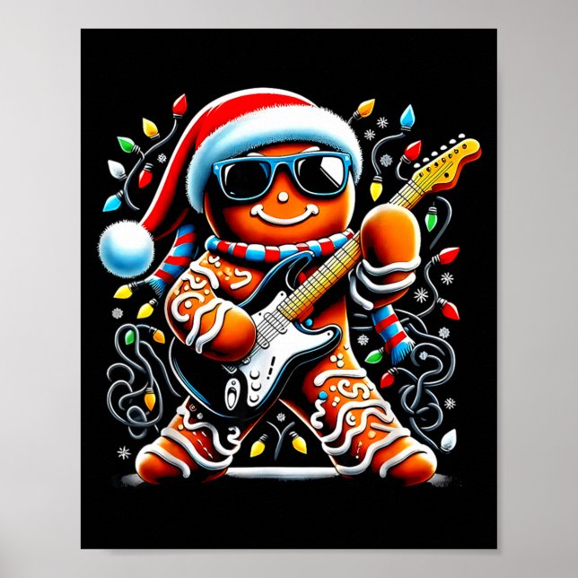 Poster Rock Star Gingerbread Christmas Guitar Lights Men  (Devant)