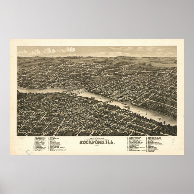 Poster Rockford Illinois 1880 Carte panoramique antique (Devant)