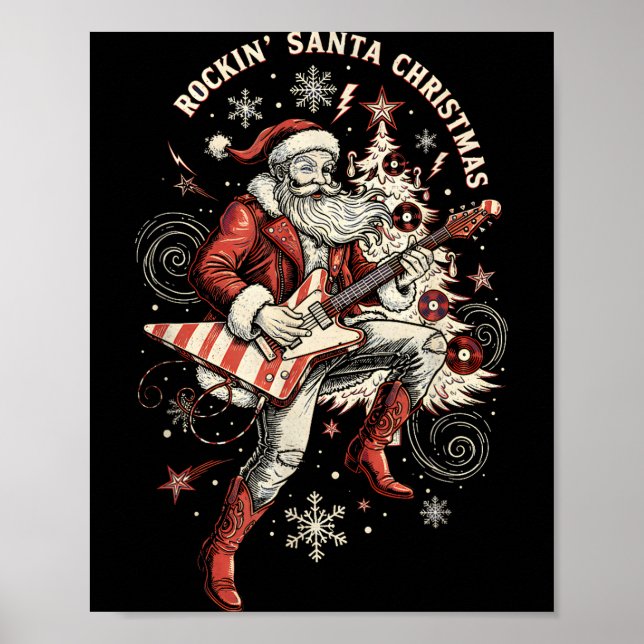 Poster Rockin Santa Playing Guitar Funny Christmas Retro  (Devant)
