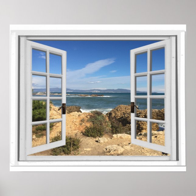 Poster Rocky Beach Ocean View Fake Window (Devant)