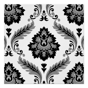 Poster Rococo Damassé Grand Motif Gris Noir Blanc