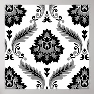 Poster Rococo Damassé Grand Motif Gris Noir Blanc