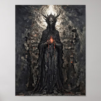 Poster Roi démon avec cœur en feu dans une église gothiqu