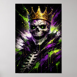 Poster Roi squelette néon Art - Couronne sombre gothique 