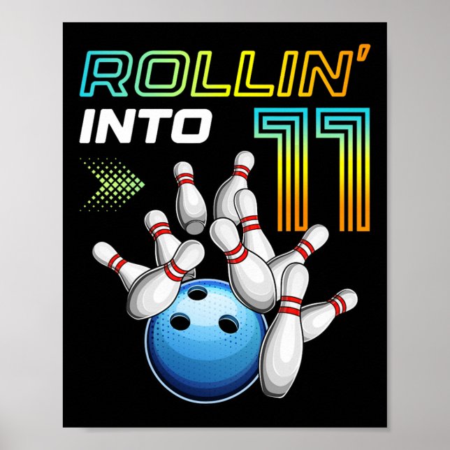 Poster Rollin Into 11 Retro Bowling Birthday Party 11th B (Devant)