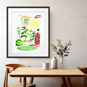 Poster Rolls de papier de riz vietnamien Recette Aquarell