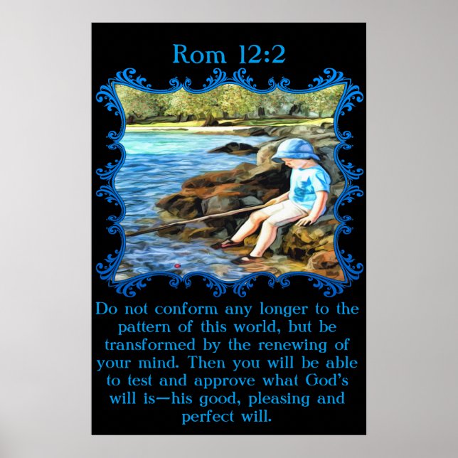 Poster Rom 12:2 Enfant garçon pêche dans la rivière. (Devant)