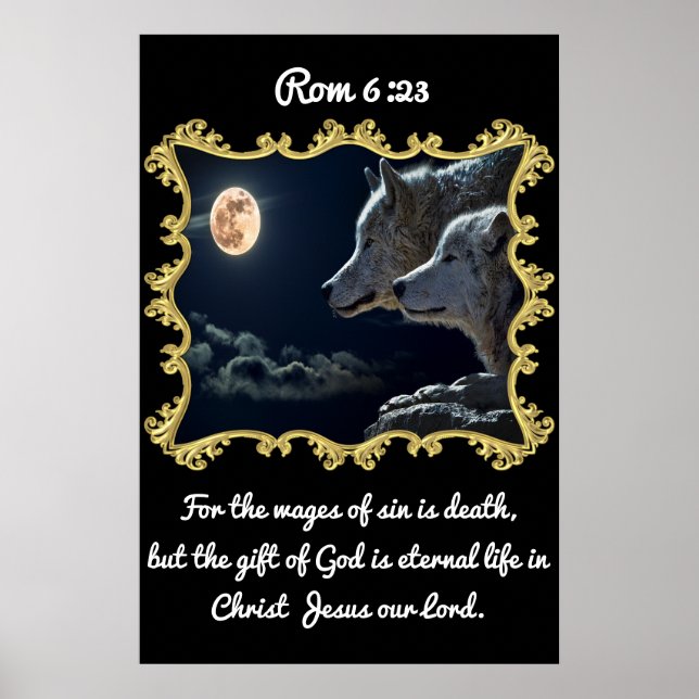 Poster Rom 6:23 Loups regardant la pleine lune. (Devant)