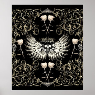 Poster Romance gothique victorienne Ailes du crâne et ros