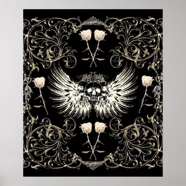 Poster Romance gothique victorienne Ailes du crâne et ros (Devant)
