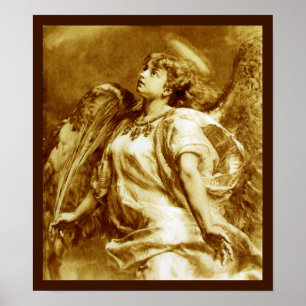 POSTER ROMANTIC ANGEL WITH FEATHER IN BROWN SEPIA,WHITE