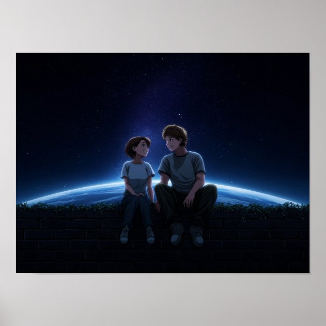 Poster Romantic Anime Couple Sitting Under Starry Cosmos (Devant)