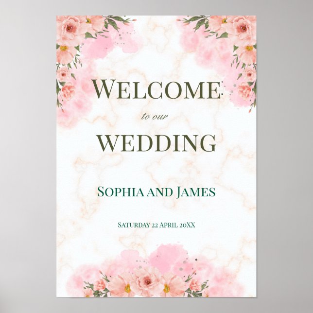 Poster Romantic Pink Flowers Wedding Sign (Devant)