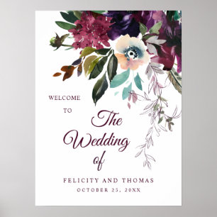Poster Romantique Bourgogne Florale Mariage Bienvenue