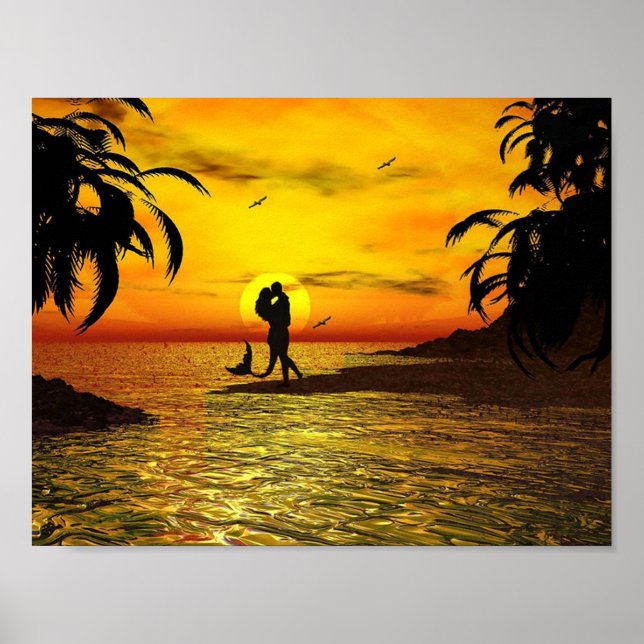 Poster Romantique Couple Sirène Coucher de soleil Palmier (Devant)