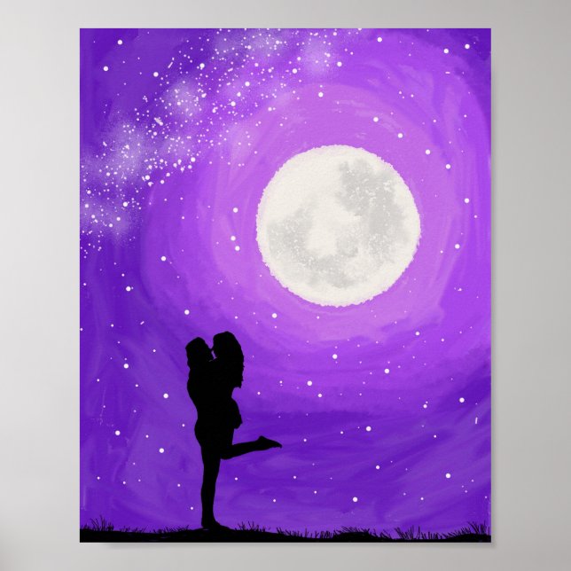 Poster Romantique Couple violet Pleine lune de nuit Étoil (Devant)