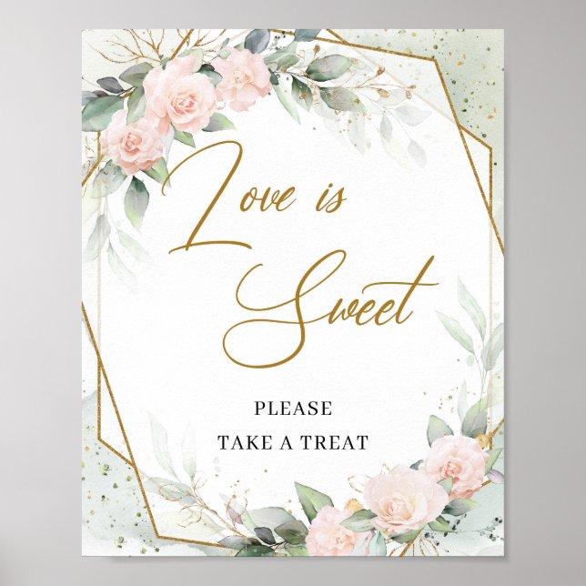 Poster Romantique rose roses eucalyptus or L'amour est do (Devant)
