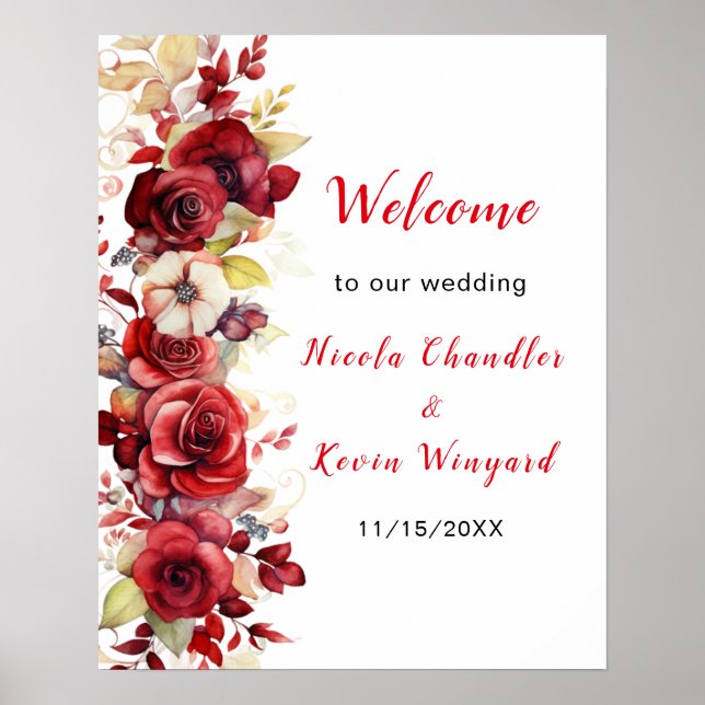Poster Romantique Roses Rouges Mariage Floral (Devant)