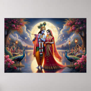 Poster Romantique Rouge Art Radha Krishna Amour éternel