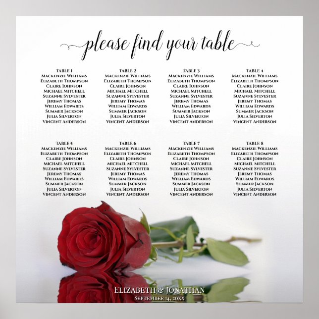 Poster Romantique Rouge Rose 8 Table Mariage Carte de siè (Devant)