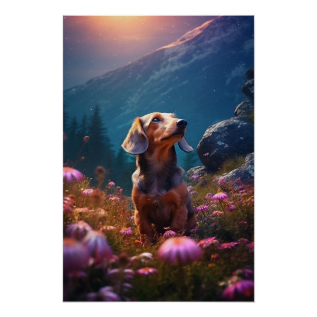 Poster Romantisme Dachshund explorant un pré (Devant)